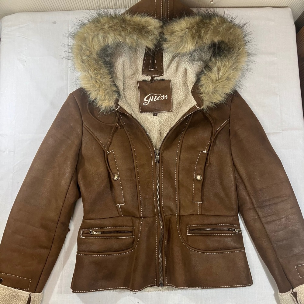 Guess Womens Brown Faux Suede Shearling Jacket Faux Fur Hood Size S Full Zip